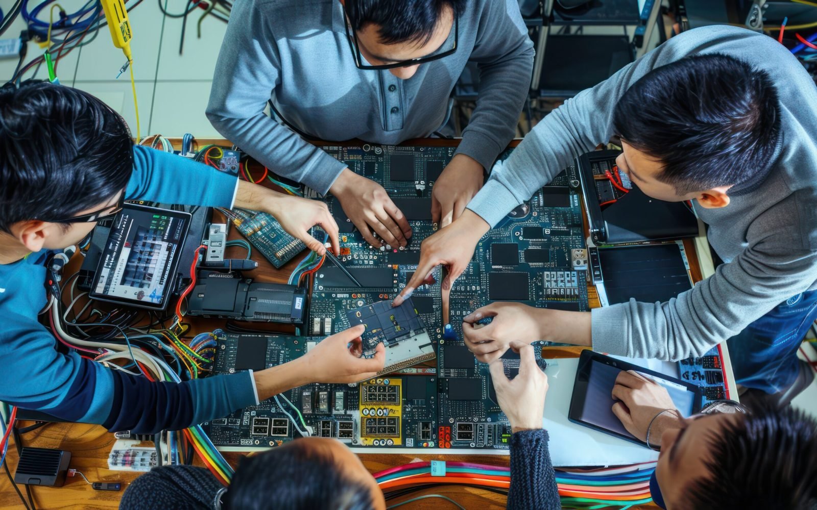 Group of engineers testing new technology devices.